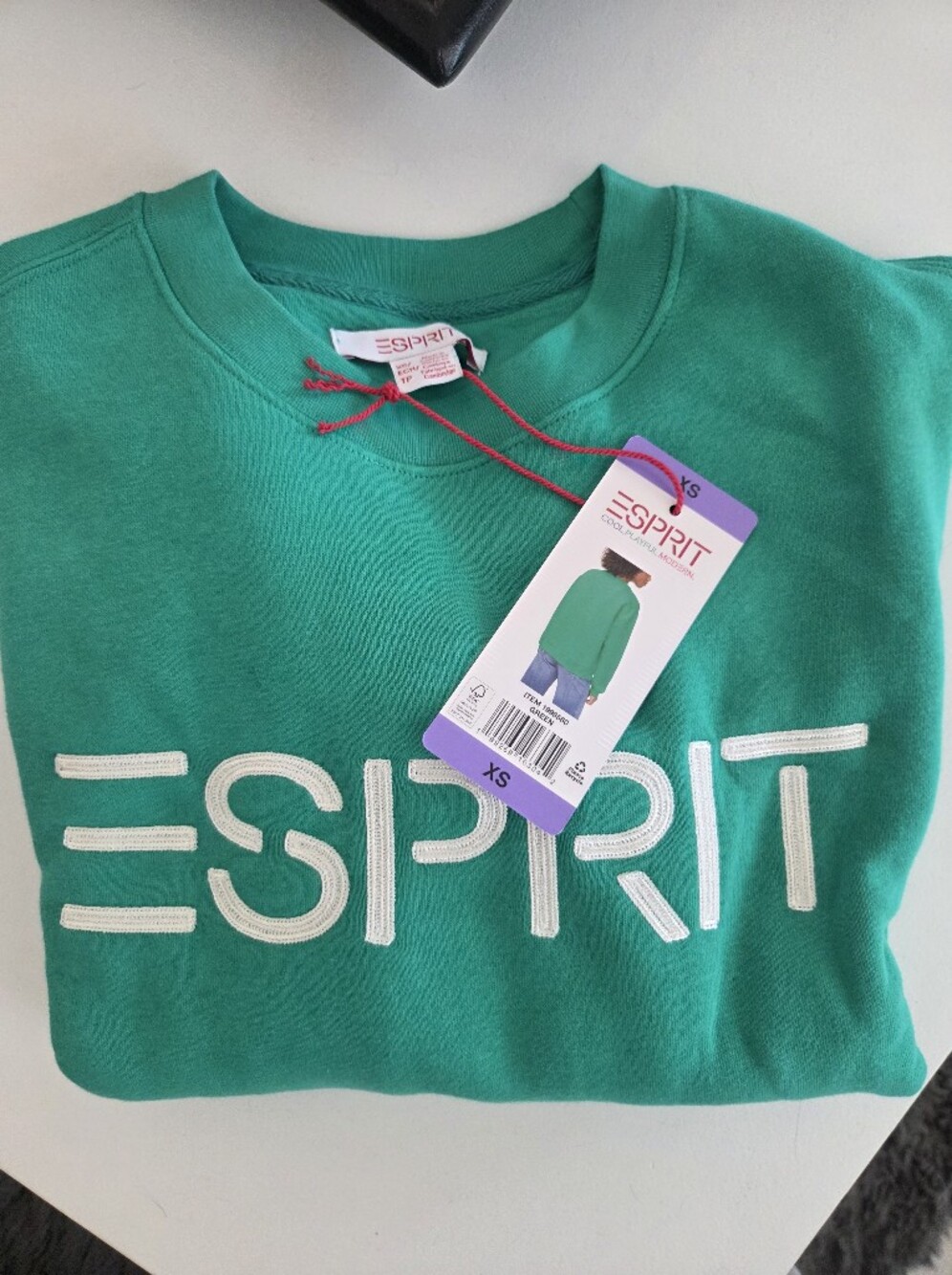 New Esprit Logo Women's Crewneck Green Sweatshirt White Logo NWT, XS Oversized - Picture 2 of 2